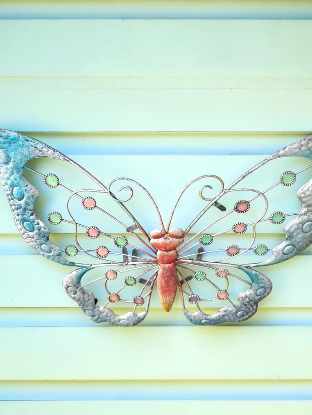 Large Metal Butterfly Wall Decor Turquoise Pink Jeweled Garden Art 30 Inch